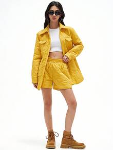 Aveloria GENKIRA 女士秋冬新款翻盖口袋轻薄棉服衬衫、宽松中长款棉服外套 - 黃色 - 查看 6