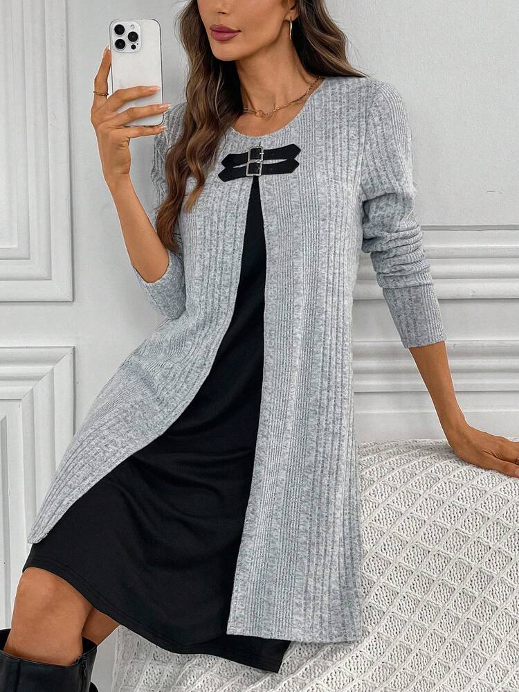 Women's Button Design Round Neck Long Sleeve Contrast Ribbed Casual Loose Mini Dress Women Solid Color Patchwork Long Sleeve Minimalist Short Casual Dress Fall Women Clothes