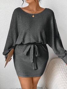 SHEIN Frenchy Plus Size Women's Solid Color Batwing Sleeve Ribbed Casual Belted Dress/Fall/Winter - Dark Grey - View 3