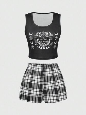 Goth Conjunto de pijama de camiseta de tirantes y pantalones cortos con estampado de gato negro, flores, luna y estrella en estilo gótico para mujer