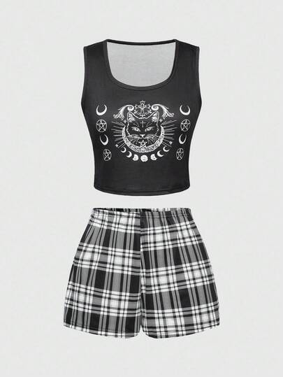 Goth Women Gothic Black Cat Floral Moon Star Cross Print Camisole And Shorts Pajama Set