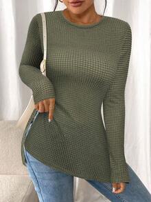 SHEIN Frenchy 女式纯色圆领长袖侧开衩休闲T恤 - 軍綠色 - 查看 3