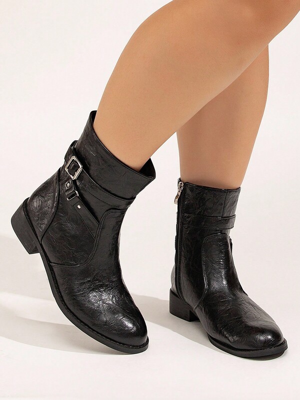 CUCCOO CURVES Botas de tobillo con hebilla de cuero negro de estilo minimalista y casual para mujer