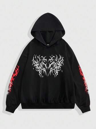 Street Life Men's Contrast Color Print Gothic Long Sleeve Hoodie, For Fall