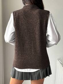 Chiquease Women's Casual Versatile Solid Color Knit Vest - Coffee Brown - View 2