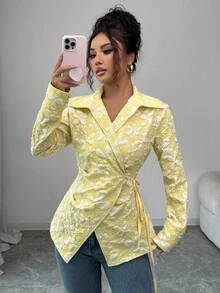 SHEIN Elenzya Women's Yellow Butterfly Jacquard Textured Fabric V-Neck Ruched Waist Asymmetrical Hem Design Elegant Blouse, Suitable For Teachers, Birthdays, Dates, Parties, Concerts, Autumn
