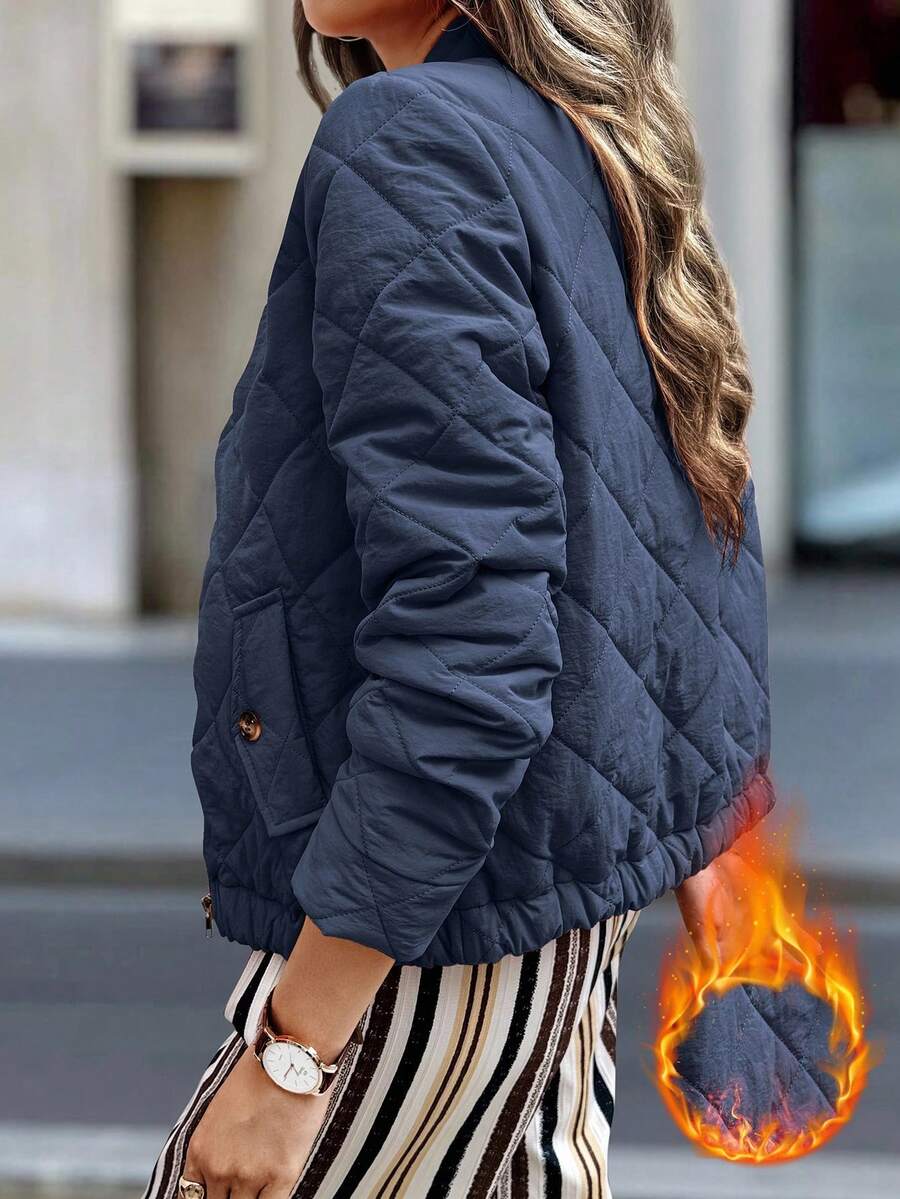 EMERY ROSE Women's Solid Color Long Sleeve Zip-Up Quilted Baseball Jacket, Autumn/Winter - Navy Blue - View 1