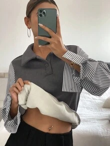 Livesso 女士秋冬保暖内衬卫衣，宽松商务休闲条纹撞色翻领衬衫式保暖内衬 - 灰色 - 查看 5