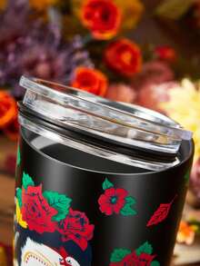 Frida Kahlo X SHEIN 20 盎司/600 毫升印花不锈钢平底保温杯（带杯盖） - 黑色 - 查看 4