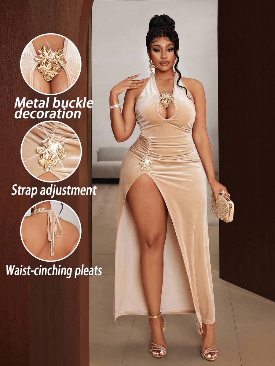 Maweii Plus Size New Year's Women's Music Festival Party Outing, New Year's Party, Evening Social Outing, Fashion Item, Christmas And New Year, Versatile Design, Metal Buckle Decoration, Velvet Fabric, Halter Neck With Straps, Slimming Waist, High-End Slit For Dates, Back To School, Women's Outing Clothing, Date Evening Wear, Party Party Versatile Fashion Design, Round Neck Design Versatile Women's Work DressValentine's Day