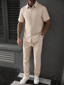 Manfinity CasualCool 2件套男士休闲撞色短袖T恤和裤子套装 - 杏色 - 查看 4