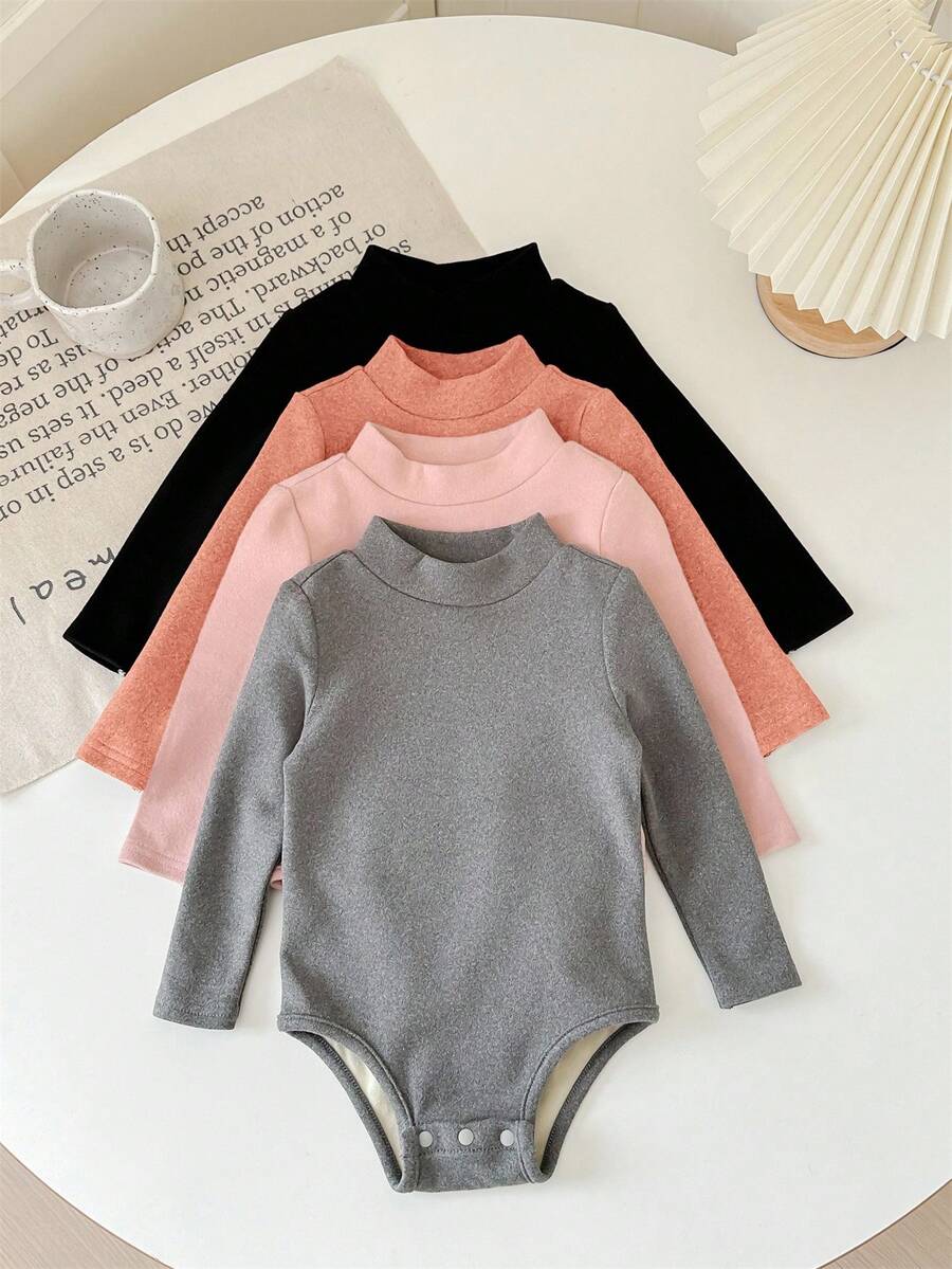 SHEIN LMoss Kids LMoss 女婴 4 件套 新生儿女婴可爱针织纯色高领长袖连体衣,适合秋冬季节穿着 - 彩色 - 查看 1