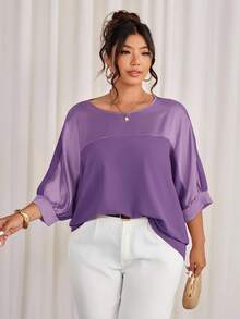 Cravure Plus Size Round Neck 3/4 Raglan Sleeve Purple Autumn Elegant Formal Metallic Fabric Patchwork Contrast Color Woven Cuff Casual Commute Party Shirt - Violet Purple - View 4