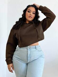SHEIN SXY Plus Size Women Fluffy Coffee Brown Hooded Short Sweatshirt, Suitable For Graduation, Back To School, Graduation Ceremony, Women Teachers Outfit, Back To School Autumn Winter Clothes For Women