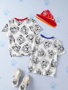 SHEIN | PAW Patrol 2 pièces/set T-shirt à manches courtes ample avec imprimé de chiot de dessin animé pour jeune garçon