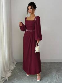Elenzga Elegant Romantic Pearl Decor Waist Fit & Flare Crew Neck Long Sleeve Dress, Suitable For Party And Gathering - Burgundy - View 7
