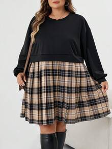 SHEIN CURVE+ Vestido de Moletom com Mangas Longas e Estampa Xadrez em Patchwork para Mulheres Plus Size, Adequado para Outono/Inverno