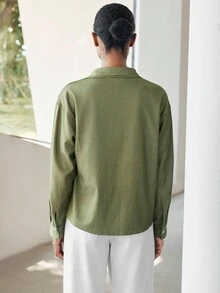 SHEIN Luminelle Women's Casual Denim Effect Button-Up Long Sleeve Jacket, Autumn - Green - View 2