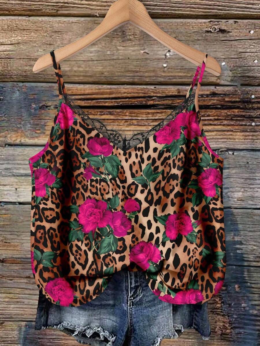 Mellowie Camiseta de tirantes de talla grande con base negra, parches de encaje, estampado de rosas y leopardo, elegante para vacaciones, citas, fiestas. Parte superior con estampado de leopardo, estampado animal, encaje y estampado floral para mujer. - Multicolor - Ver 1