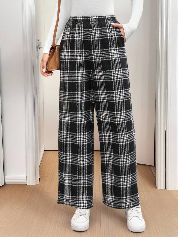 Women's Elastic Waist Plaid Pocket Wide Leg Loose Casual Pants Fall Clothes For Women Plaid Pants Wide Leg Pants Checkered Pants Women Pants Going Out Bottoms