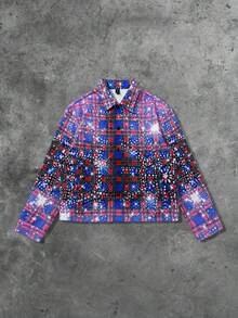 ROMWE MEN Street Life Unisex Gradient Plaid Blazer With Rhinestone Effect, Autumn/Winter Design - Red - View 1