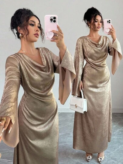 Selianne Women's Metallic Flared Sleeve Elegant Dress Fall Cloth For Women