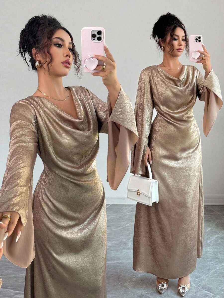 Selianne Women's Metallic Flared Sleeve Elegant Dress Fall Cloth For Women - Gold - View 1