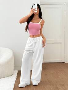 SHEIN PETITE Quần ống đứng dáng rộng, chất liệu mỏng nhẹ, thích hợp cho nữ, phù hợp mặc mùa hè và mùa thu, cũng như các dịp đi chơi. Màu trắng. - trắng - Xem 6