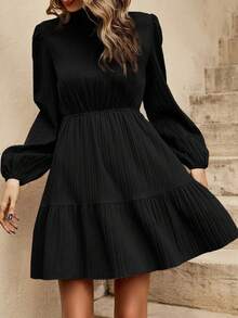 SHEIN 少女黑色提花休闲圆领长袖连衣裙 - 黑色 - 查看 5