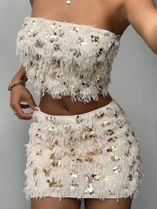 Aloruh Women's Fall/Winter Elegant Sexy Low Waist Sequin & Faux Fur Mini Skirt,Party,Club,Feather Mini Skirt Top,Sequin Skirt,Party Skirt ,Party Outfit,Thanksgiving Outfit For Women