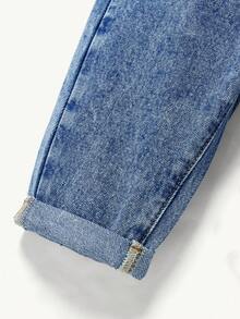 Cozy Pixies 女婴夏季波西米亚风可爱荷叶边腰部宽松柔软牛仔裤，卷起下摆 - 中等水洗藍 - 查看 3