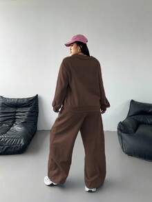 Vibekara Plus Size Casual Solid Color Sweatshirt And Sweatpants Set - Brown - View 2