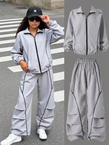 2pcs/Set Girls Casual Versatile Outfit,Black Drawstring Minimalist Line Design,Suitable For Gym,Sports,Walking,Outing,Autumn,Cow Boy,Fall Winter - Light Grey - View 1