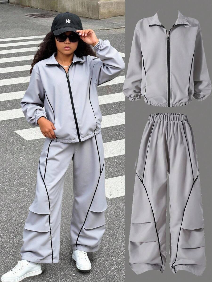 2pcs/Set Girls Casual Versatile Outfit,Black Drawstring Minimalist Line Design,Suitable For Gym,Sports,Walking,Outing,Autumn,Cow Boy,Fall Winter - Light Grey - View 1