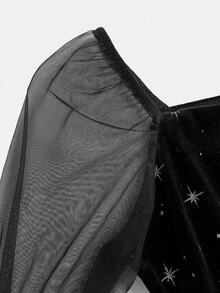 Pitira Teen Girls Glitter Silver Star Print Velvet Black Slim Fit Mini Dress With Spliced Mesh Puff Long Sleeves, Autumn/Winter Party Sun Hem Dress, Gorgeous - Black - View 3