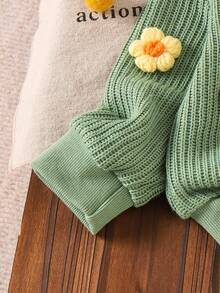 SHEIN Vintaside Kids 女婴蓝色针织3D花卉套头衫+直筒裤套装，秋冬