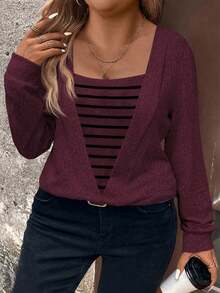 EMERY ROSE Women's Square Collar Striped Deconstructed Sweatshirt, Autumn/Winter - Red Violet - View 6