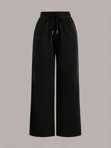 SHEIN Tall Celana Panjang Wanita Polos dengan Tali Serut, Kasual, Serbaguna, untuk Sehari-hari, Bepergian, Liburan, Musim Gugur, Hitam Putih - MultiWarna - View 4