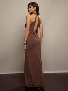 Hauture Sleeveless Tear Drop Cut Out Ruched Slit Halter Maxi Dress - Fall Sexy Mob Wife Party Statement - Brown - View 4