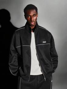 SUMWON 经典运动外套，白色滚边细节，全拉链高领，街头风冬季必备长袖休闲日常穿着拉链外套，纯色 - 黑色 - 查看 5