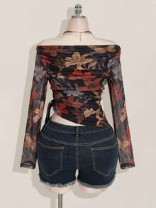 SHEIN ICON Áo thun lưới hở vai in họa tiết cổ điển Y2K cỡ lớn, dây rút bên hông - Nhiều màu - Xem 2