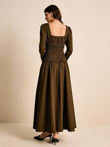 Poéselle Vestido largo de unicolor elegante con cintura ceñida, adecuado para ir al trabajo - Café integral - Ver 2