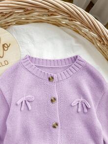 SHEIN Apricot Bowknot Cardigan, Cute & Versatile For Baby Girl, Autumn/Winter - Purple - View 4