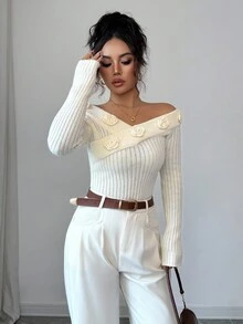 Franclia 杏色女士秋冬休闲3D立体玫瑰装饰罗纹弹力修身针织上衣打底衫法式优雅大V领露肩长袖毛衣返校季日常穿着毛衣秋季女装秋季女装秋季女装秋季女装秋季外出冬季女装优雅时尚休闲通勤商务办公日常休闲百搭气质都市教师职业装 - 米色 - 查看 5