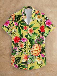 Manfinity BRENVOR Camisa casual de manga corta con estampado tropical para vacaciones de hombres - Amarillo - Ver 3