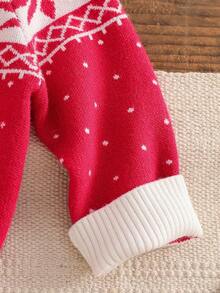 Baby Girl Casual Christmas Geometric & Polka Dot Pattern Raglan Sleeve Pullover Sweater, Autumn/Winter Fall - Red - View 5