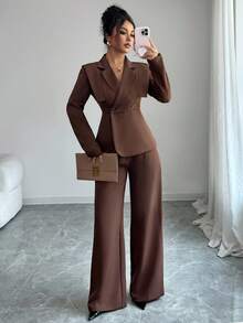 Selianne 女士休闲优雅西装套装，配有双排扣衬衫和松紧腰裤，适合工作、度假、下午茶、派对、春秋冬 - 棕色 - 查看 7