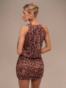 SHEIN BAE Summer Autumn Sexy Leopard Print Swing Neck Hip Shrink Mini Backless Dresses,Vacation Outfits Women,Mini Dress ,Sexy Dress,Beach Vacation Outfits,Halloween Clothes Women ,Halloween Costume