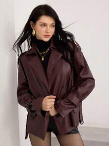 Modelyn 女式双排扣束腰 PU 皮夹克，秋冬时尚 - 棕色 - 查看 3