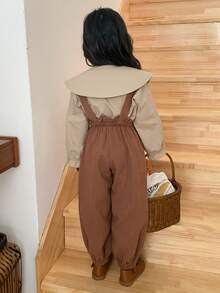 DAZY 2pcs Young Girl Girls Woven Collared Embroidered Long Sleeve Shirt + Bib Pants Set, Fall - Brown - View 5